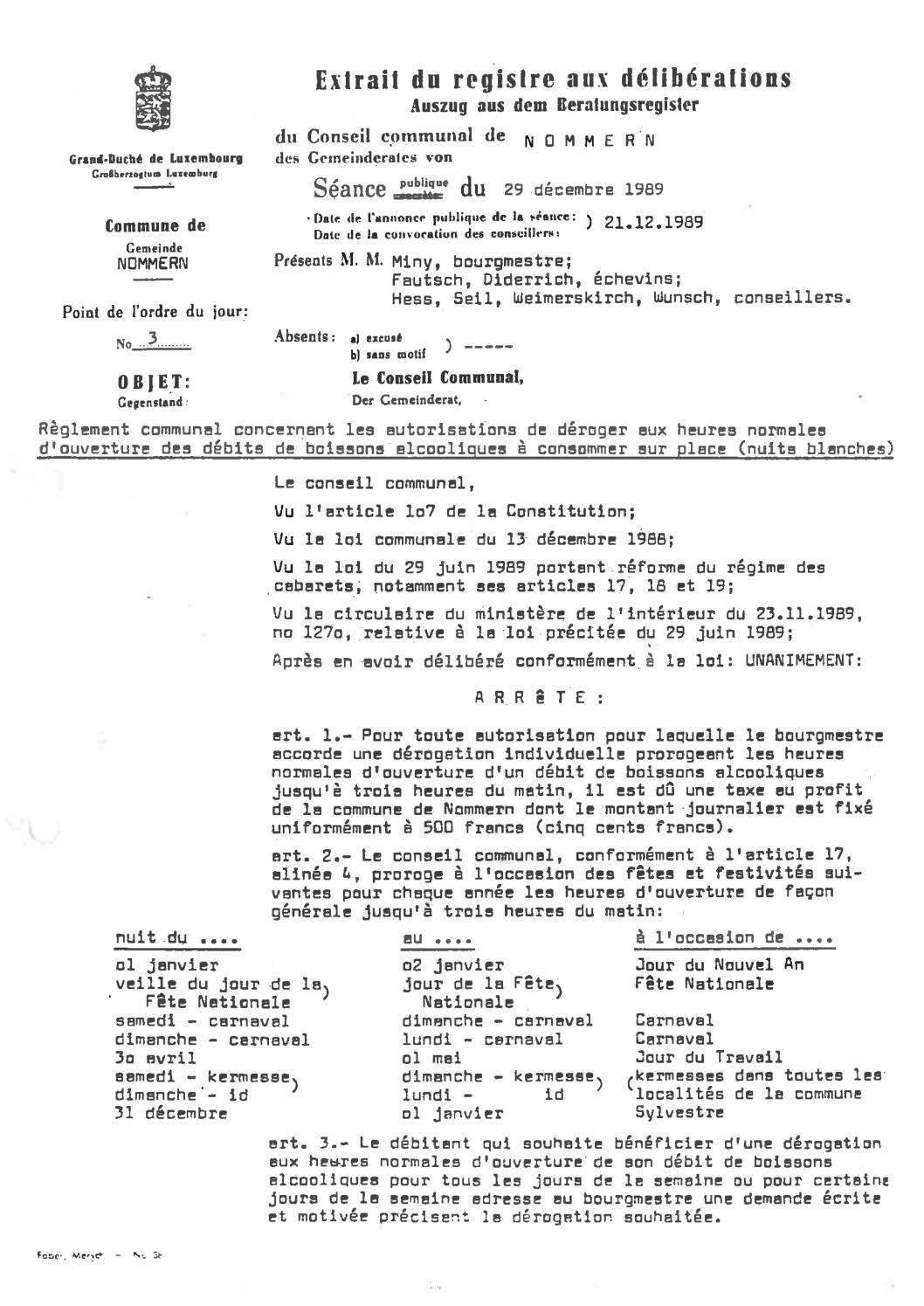 Règlement communal du 29 décembre 1989 concernant les nuits blanches