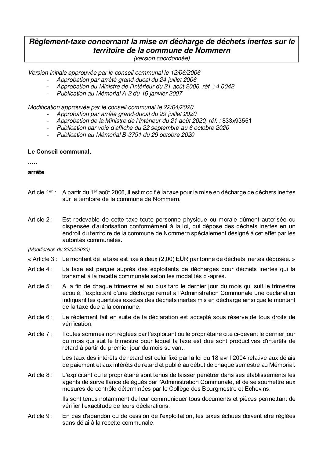 Règlement-taxe du 12 juin 2006 concernant la mise en décharge de déchets inertes sur le territoire de la commune de Nommern
