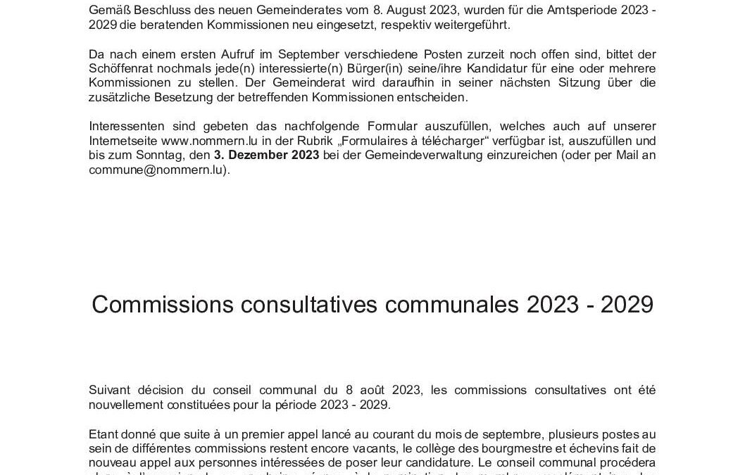 Appel à candidature – Commissions consultatives communales 2023-2029 – Postes vacants
