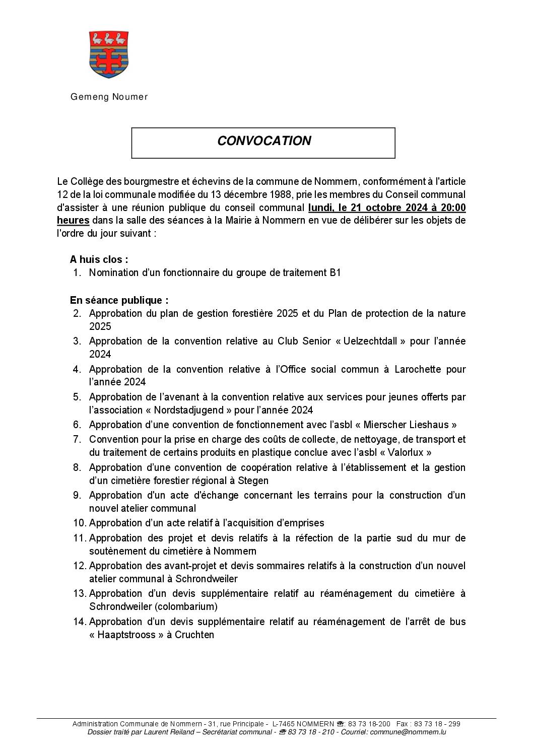 Convocation pour la séance du 21.10.2024