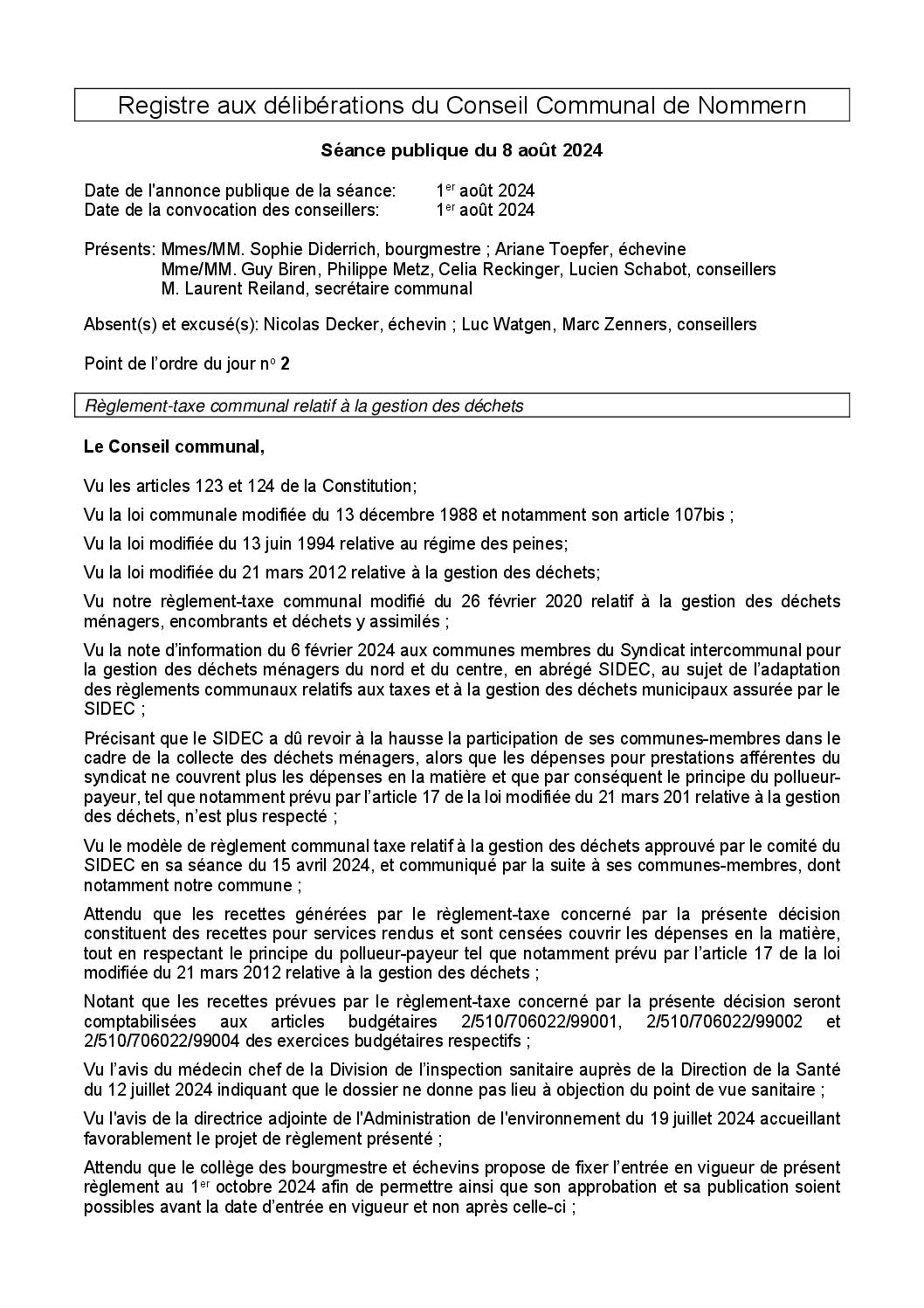 Règlement-taxe du 8 août 2024 relatif à la gestion des déchets (en vigueur à partir du 01.10.2024)