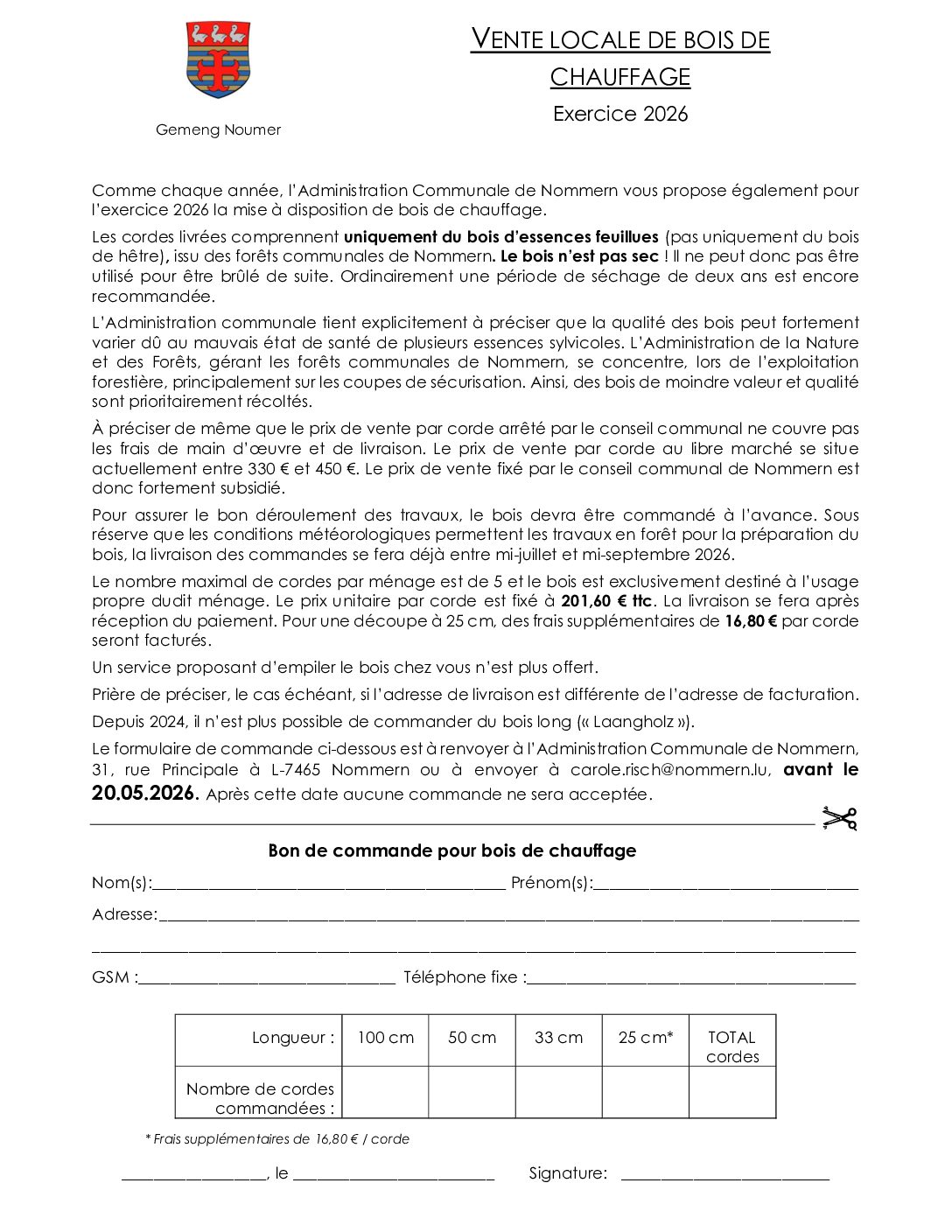 Vente locale de bois de chauffage 2026