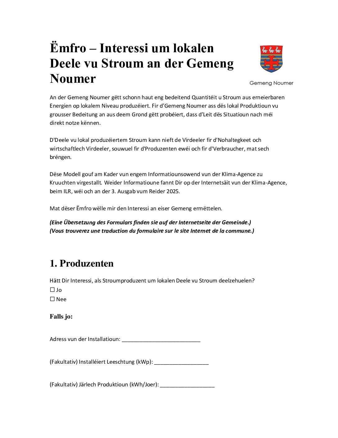 Ëmfro – Interessi um lokalen Deele vu Stroum an der Gemeng Noumer