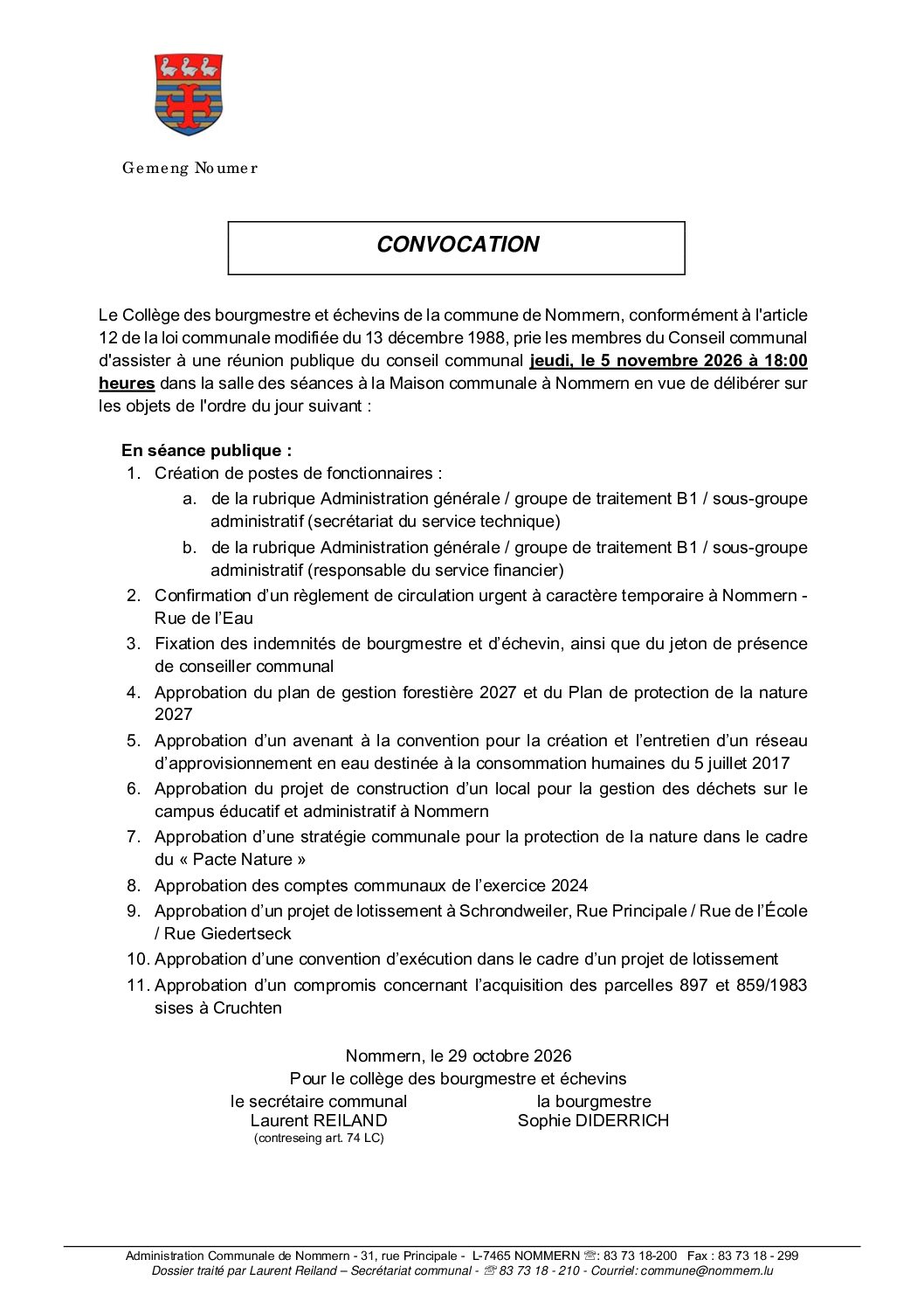 Convocation pour la séance du 05.11.2026