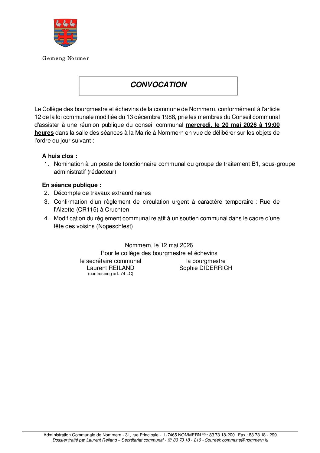 Convocation pour la séance du 20.05.2026