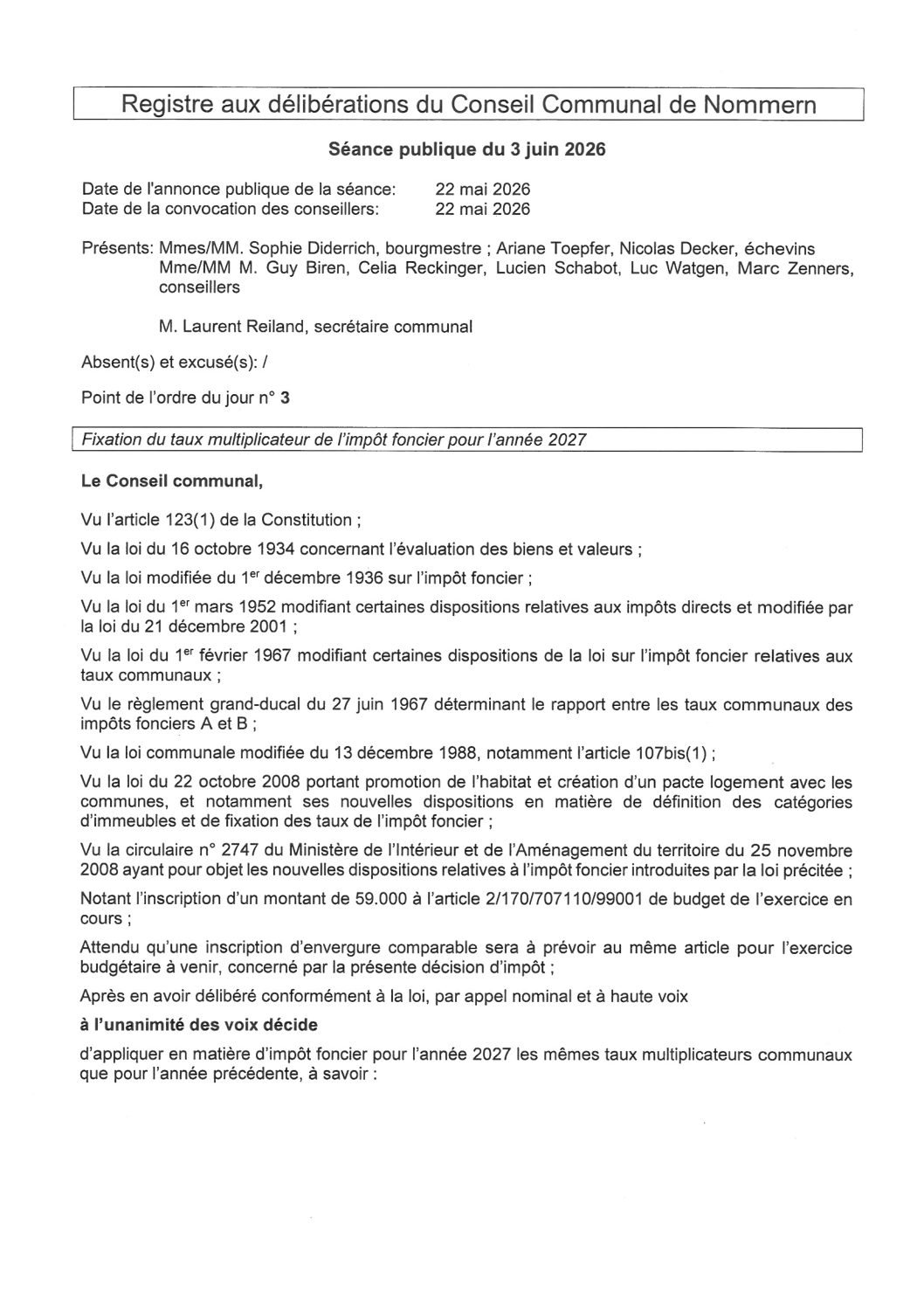 Impôt foncier 2027 (décision du 03-06-2026)