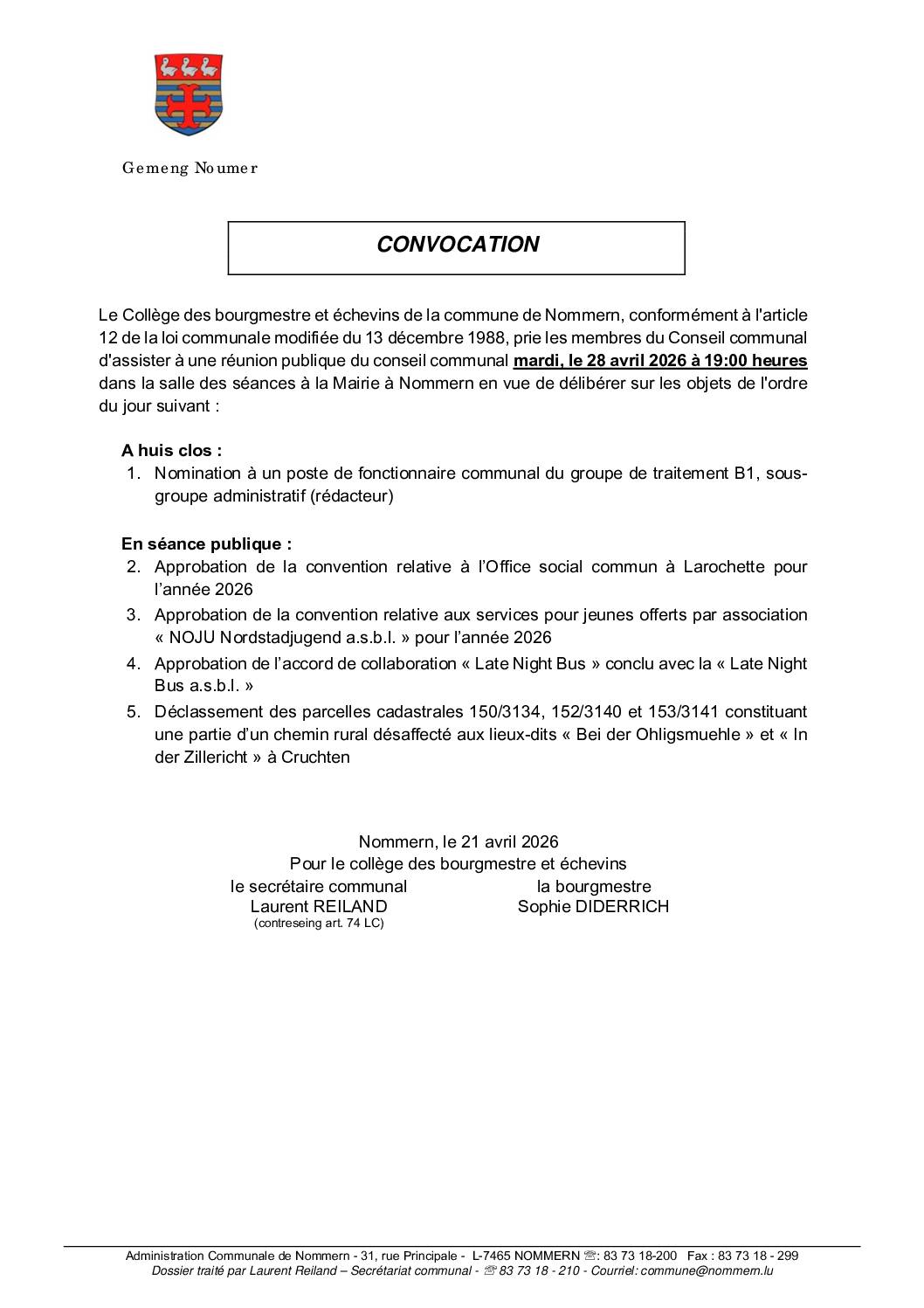 Convocation pour la séance du 28.04.2026