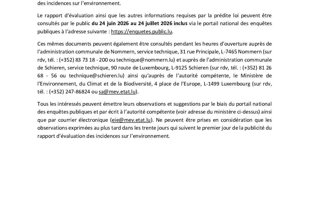 Evaluation des incidences sur l’environnement – Enquête publique concernant la réalisation de forages de reconnaissance et d’un piézomètre de contrôle au lieu-dit Zemesfeldchen à Cruchten