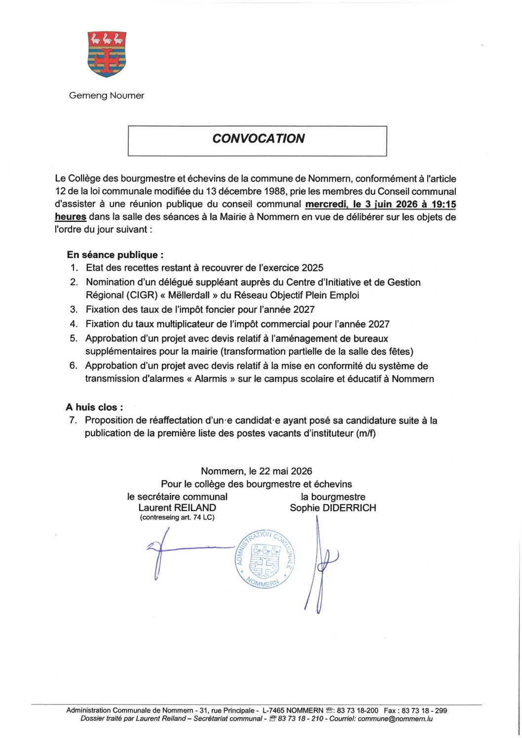 Convocation Conseil communal pour la séance du 3 juin 2026