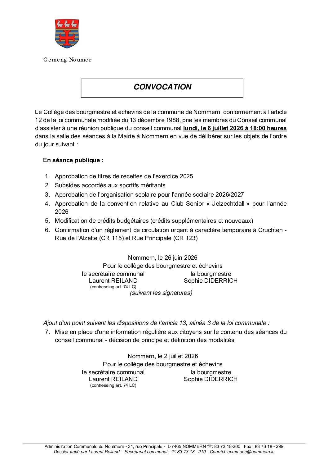 Convocation pour la séance du 06.07.2026 - Nouveau