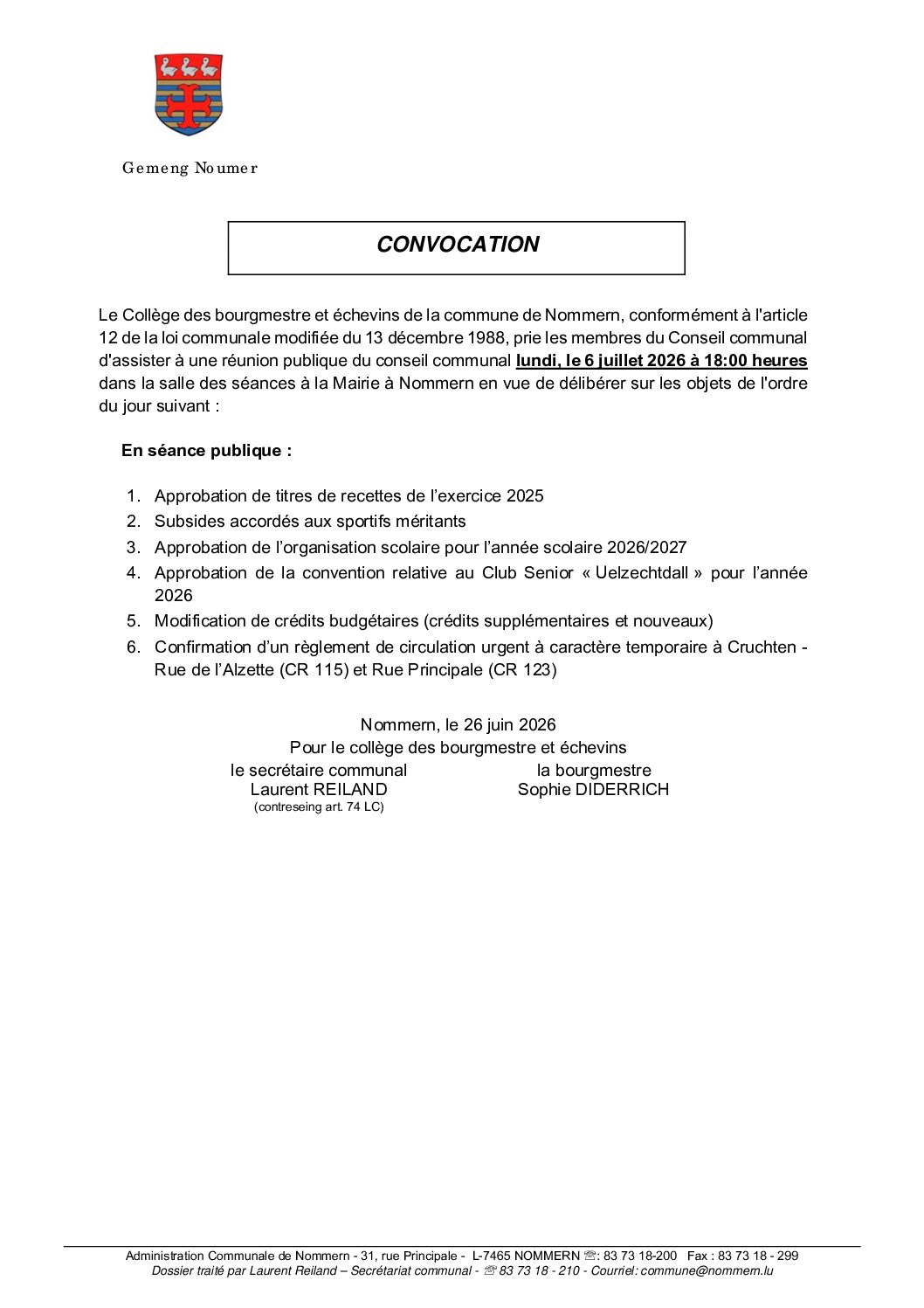 Convocation pour la séance du 06.07.2026
